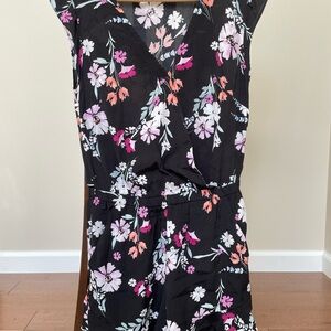 Loft Black Floral Sleeveless Romper with Pink & Coral Accents